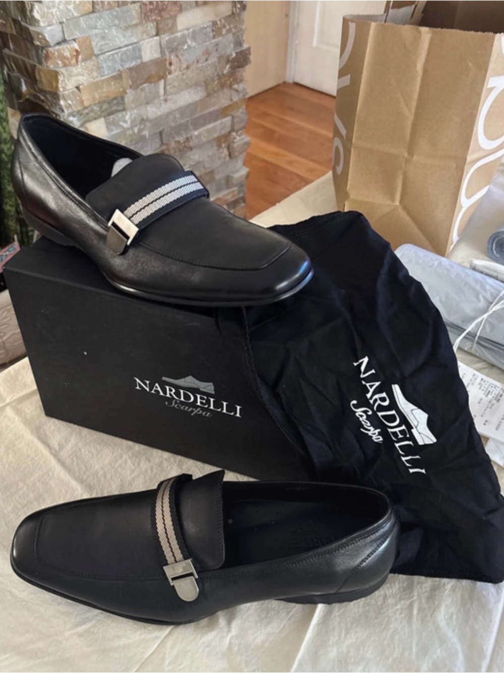 NARDELLI Black Leather Loafers with Gray Stripe and Silver Buckle